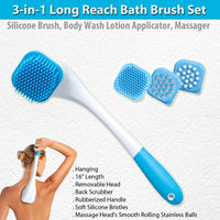 3-in-1 Long Reach Bath Brush Set Silicone Brush, Lotion Applicator Massager